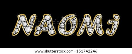 The name NAOMI made of a shiny diamonds style font, brilliant gem stone letters building the word, isolated on black background.