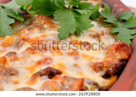 stew cooked by meat, cheddar cheese and mushroom