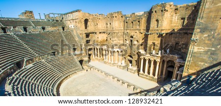 Roman Theatre at Bosra, an ancient Roman theatre in Bosra, Syria. It was built in the second quarter of the 2nd century CE. It is the largest, theatre of all the Roman theaters in the Middle East