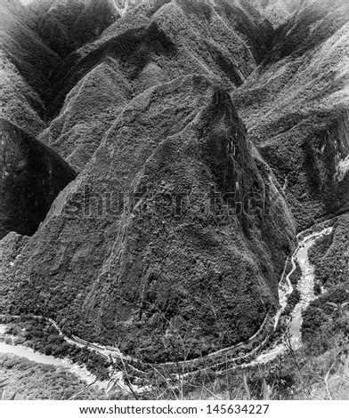 Mountain valley in Peru in black and white, Latin America, South America