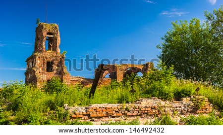 Red bricks ruins of the fortress called Oreshek, old fortress in Russia