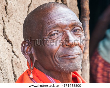 KENYA - OCTOBER 10, 2009: Portrait of an unidentified old smiling Massai man with incredibly wide ears in Kenya, Oct 10, 2009. Massai people are a Nilotic ethnic group