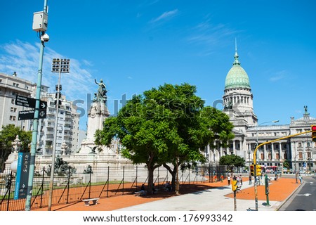BUENOS AIRES, ARGENTINA - FEB 15, 2014: Argentine National Congress Palace, Buenos Aires, Argentina. The Kilometre Zero for all Argentine National Highways is at the Congressional Plaza,