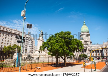 BUENOS AIRES, ARGENTINA - FEB 15, 2014: Argentine National Congress Palace, Buenos Aires, Argentina. The Kilometre Zero for all Argentine National Highways is at the Congressional Plaza,