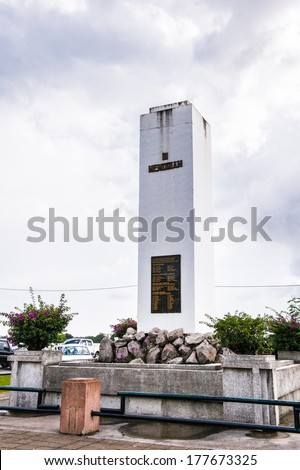 PARAMARIBO, SURINAME - NOV 7, 2013: Memorial stone in the historic city of Paramaribo, Suriname. The historic inner city of Paramaribo is a UNESCO World Heritage Site since 2002.