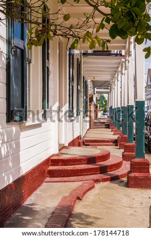 Close view of a  House in the  historic city of Paramaribo, Suriname. The historic inner city of Paramaribo is a UNESCO World Heritage Site since 2002.