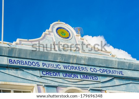 BRIDGETOWN, BARBADOS - NOV 4, 2013: Barbados public workers co-operative in Bridgetown, Barbados. Historic Bridgetown and its Garrison is a World Heritage Site of UNESCO.