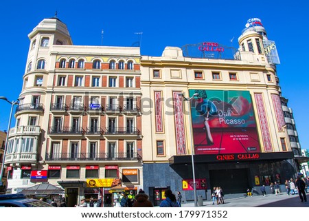 MADRID, SPAIN - MAR 4, 2014: Cinema building on the Callao square near the Gran via, Madrid, Spain. Gran via is known as the the street that never sleeps or as Spanish Brodway
