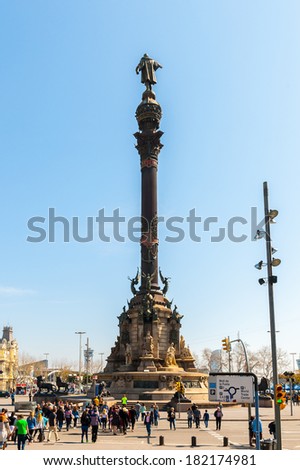 BARCELONA, SPAIN - MAR 15, 2014: Monument to Christopher Columbus in Barcelona, Spain. It is a 60 meters tall monument.