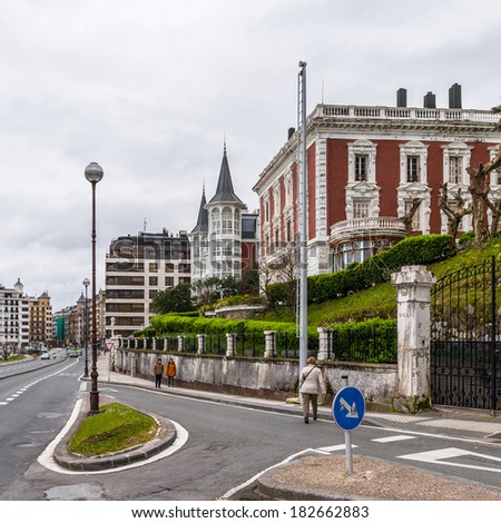 SAN SEBASTIAN, SPAIN - MARCH 18, 2014:  Architecture and traffic of San Sebastian, Basque Country, Spain. San Sebastian will be the European Capital of Culture in 2016
