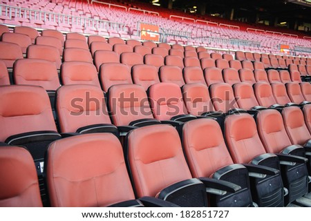 BARCELONA, SPAIN - MAR 15, 2014: Tribunes on the Nou Camp Stadium in Barcelona. Camp Nou is the home arena for FC Barcelona and seats 99786 people.