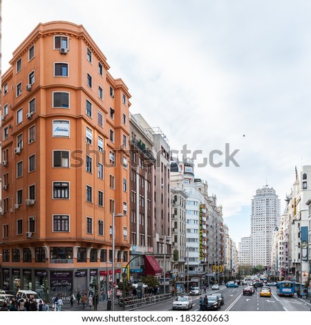 MADRID, SPAIN - MAR 23, 2014: Gran Via street (Great Way), Madrid, Spain. Gran via is known as the the street that never sleeps or as Spanish Brodway