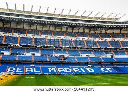 MADRID, SPAIN - MAR 11, 2014: Real Madrid inscription at the Santiago Bernabeu stadium. Santiago Bernabeu is a home arena for the Real Madrid Club de Futbol
