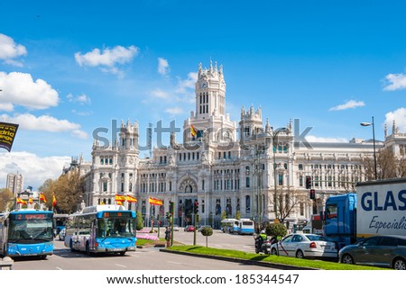 MADRID, SPAIN - APR 3, 2014: Cibeles Palace (Palacio de Cibeles), Madrid, Spain. It was home to the Postal and Telegraphic Museum until 2007. Spanish Property of Cultural Interest
