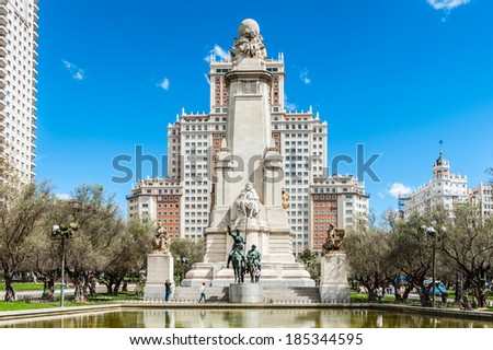MADRID, SPAIN - APR 3, 2014: Sculpture of Don Quixote on the Plaza de Espana, Madrid, Spain. Fictional character of Miguel Cervantes novel,  who was a Spanish novelist, poet and playwright