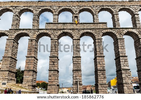 SEGOVIA, SPAIN - APR 5, 2014: Roman Aqueduct of Segovia, Spain. It is the UNESCO World Heritage