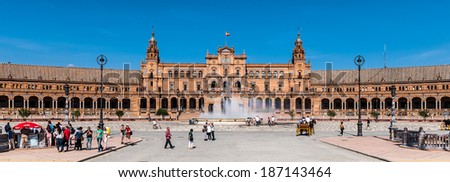SEVILLE, SPAIN - APR 13, 2014: Central building at the Plaza de Espana in Seville, Andalusia, Spain. It\'s example of the Renaissance Revival style in Spanish architecture.