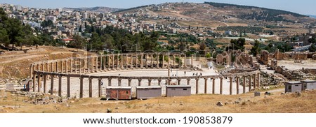 Colonnade on the Roman Oval Forum, Ancient Roman city of Gerasa of Antiquity , modern Jerash, Jordan