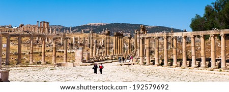 JERASH, JORDAN - MAY 2, 2014: Colonnade on the Roman Oval Forum, Ancient Roman city of Gerasa of Antiquity , modern Jerash. Gerasa was found in 2000 BC