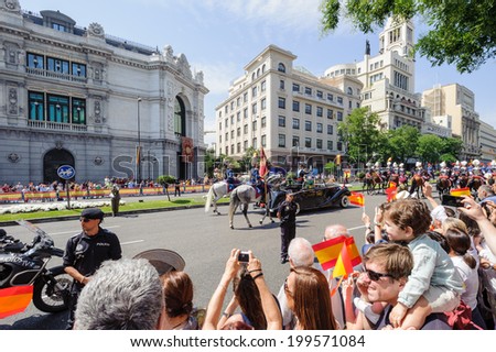 MADRID, SPAIN - JUN 19, 2014: New King of Spain Felipe IV greets the crowd in the centre of Madrid on a day of his inauguration