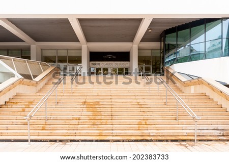 CANNES, FRANCE - JUNE 25, 2014: Film Festival palace in Cannes. Cannes hosts the annual Cannes Film festival from 1949