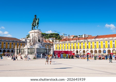 LISBON, PORTUGAL - JUN 20, 2014:  Commerce Square (Praca do Comercio) in Lisbon, Portugal. The Square was destoryed by the 1755 Lisbon Earthquake and then it was reconstructed