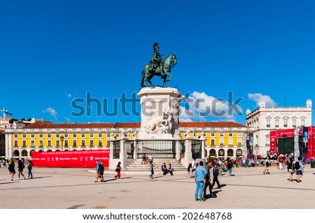 LISBON, PORTUGAL - JUN 20, 2014: Statue of King Jose I on the Commerce Square (Praca do Comercio) in Lisbon, Portugal. The Square was destroyed by 1755 Lisbon Earthquake and then it was reconstructed