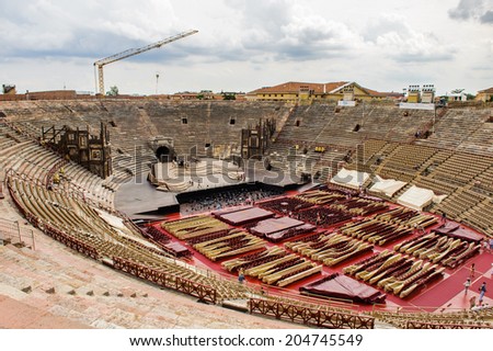 VERONA, ITALY - JUN 26, 2014: Verona Arena (Arena di Verona), a Roman amphitheatre in Piazza Bra in Verona, Italy. It was built in AD 30