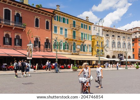 VERONA, ITALY - JUN 26, 2014: Piazza Bra, the largest square in Verona, Italy. City of Verona is a UNESCO World Heritage site