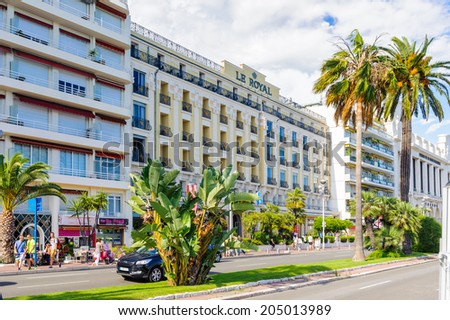 NICE, FRANCE - JUNE 25, 2014: Architecture of the Promenade des Anglais, Nice, France. Nice is the capital of the Alpes Maritimes departement