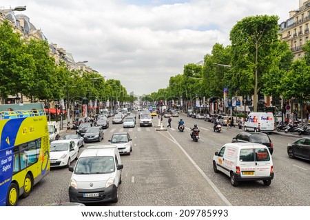 PARIS, FRANCE - JUN 17, 2014: Avenue des Champs-Elysees in Paris, France. Champs-Elysees is one of the world\'s most famous streets, and is one of the most expensive strips of real estate in the world