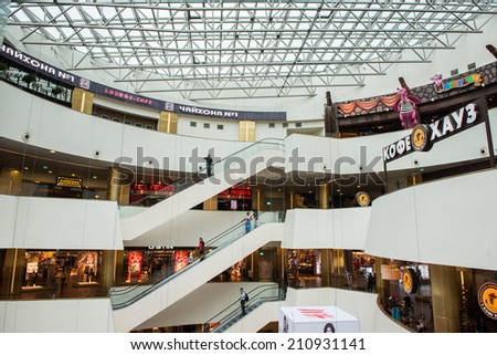 SAINT PETERSBURG, RUSSIA - AUGUST 14, 2014:Coffee house  and oter levels in the Commercial center \'Galery\' in Saint Petersburg.One of the biggest commercial centres in the city, opened on Nov 25, 2010