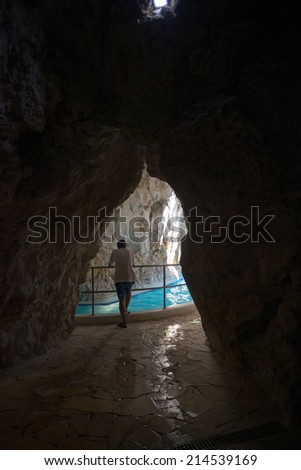 MISKOLC, HUNGARY - AUG 29, 2014: Cave and pool of the Barlangfurdo, a thermal bath complex in a natural cave in Miskolctapolca, which is part of the city of Miskolc, Hungary