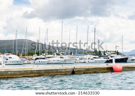 DALMATIA, CROATIA - AUG 24, 2014: Yachts of the Seget Yacht Club near the Coast of Croatia, on the Adriatic Sea. Catchment areaof the Adriatic Sea is 235,000 km2 (91,000 sq mi)