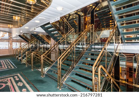 STOCKHOLM, SWEDEN - SEP 7, 2014: Stairs of te Cruiseferry of the Estonian company Tallink. It is one of the largest passenger and cargo shipping companies in the Baltic Sea region