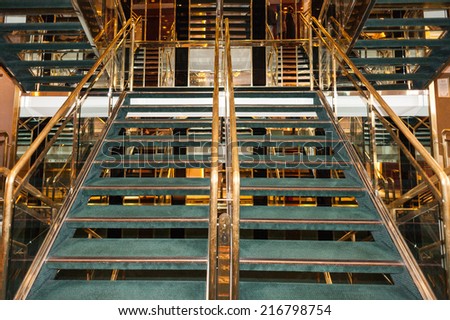 STOCKHOLM, SWEDEN - SEP 7, 2014: Stairs of te Cruiseferry of the Estonian company Tallink. It is one of the largest passenger and cargo shipping companies in the Baltic Sea region