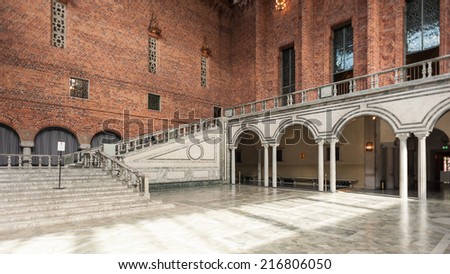 STOCKHOLM, SWEDEN - SEP 7, 2014: Stockholm City Hall, Sweden. It is the venue of the Nobel Prize banquet and one of Stockholm's major tourist attractions.
