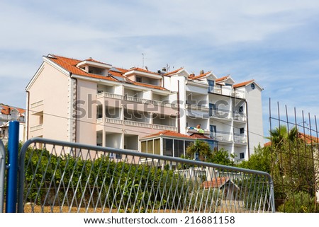 DALMATIA, REGION OF SPLIT, CROATIA - AUG 20, 2014: Hotels at the Dalmatia coast, the Adriatic coast. Coast of the Adriatic Sea in Dalmatia became a popular destination for millions of tourists