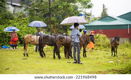 BAC HA, VIETNAM - SEP 21, 2014: Horse selling section at the Bac Ha Market, a large Sunday market with people wearing beautiful colored minoritiesÃ?Â¢?? costumes