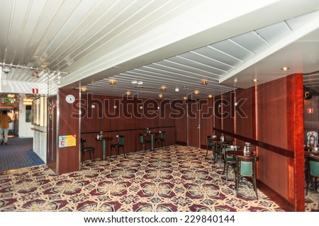 TALLINN, ESTONIA - SEP 7, 2014: Restaurant at the Cruiseferry of the Estonian company Tallink. It is one of the largest passenger and cargo shipping companies in the Baltic Sea region
