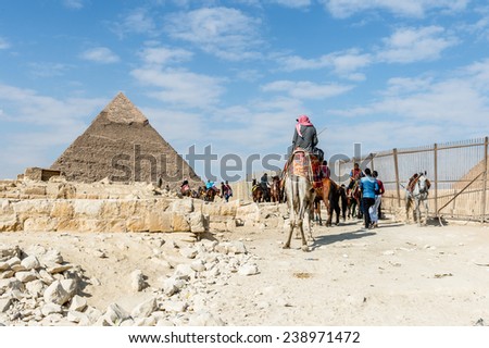 GIZA, EGYPT - NOV 23, 2014: Unidentified Egyptian people ride camels and horses in  Giza Necropolis, Egypt. UNESCO World Heritage