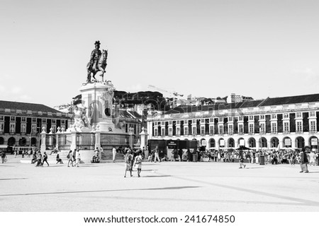 LISBON, PORTUGAL - JUN 20, 2014:  Commerce Square (Praca do Comercio) in Lisbon, Portugal. The Square was destoryed by the 1755 Lisbon Earthquake and then it was reconstructed