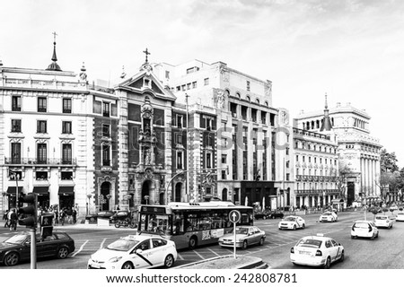 MADRID, SPAIN - APR 3, 2014: Architecture of the Calle de Alcala (Alcala street), Madrid, Spain. Alcala street is the longest street in Madrid, 10.5 km