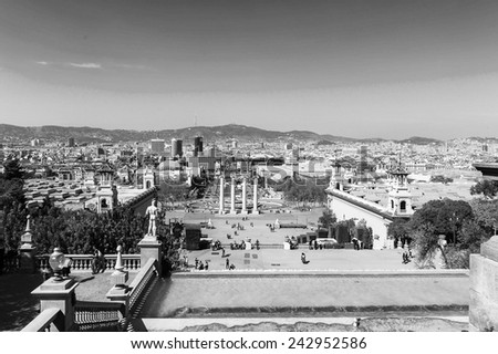 BARCELONA, SPAIN - MAR 15, 2014: View on the Placa d\'Espanya (Plaza de Espana, Spain Square) from National Art Museum of Catalonia. It  is one of Barcelona\'s most important squares