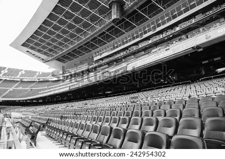 BARCELONA, SPAIN - MAR 15, 2014: Tribunes on the Nou Camp Stadium in Barcelona. Camp Nou is the home arena for FC Barcelona and seats 99786 people.