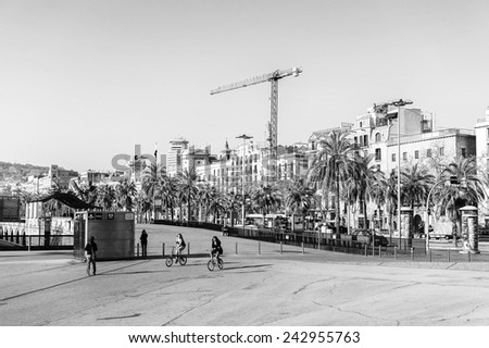 BARCELONA, SPAIN - MAR 15, 2014: Port Vell, the harbor in Barcelona,  built as part of an urban renewal program prior to the 1992 Barcelona Olympics.
