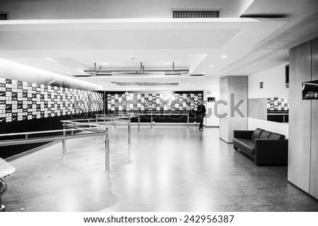 BARCELONA, SPAIN - MAR 15, 2014: Flash interview zone on the Camp Nou stadium in Barcelona. Camp Nou is the home arena for FC Barcelona and seats 99786 people.
