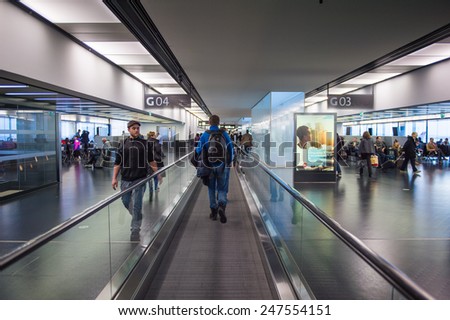 VIENNA, AUSTRIA - DEC 30, 2014: Interior of the Vienna International Airport, which serves as the hub for Austrian Airlines