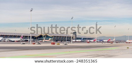 MADRID, SPAIN - JAN 26, 2015: Terminal T4 the Adolfo Suarez Madrid Barajas Airport. Barajas  is the main international airport serving Madrid in Spain.