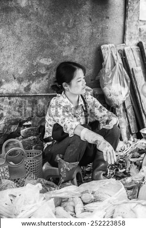SAPA, VIETNAM - SEP 20, 2014: Unidentified Vietnamese woman works at the market . 90% of Vietnamese people belong to the Viet ethnic group